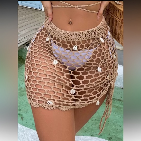 SHEIN Puka Shell Tan Crochet Bikini w Matching Drawstring Sarong Skirt. Size M L - Picture 6 of 16